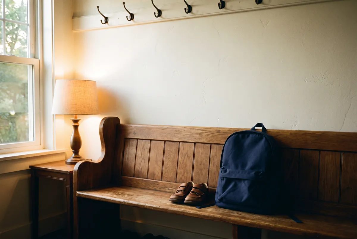 Illustration: Entryway bench with small school shoes, a backpack and a lamp.