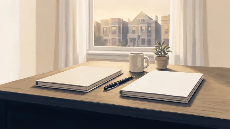 Ilustración: dos carpetas cerradas del mismo grosor, una pluma, una taza y una planta en una mesa junto a una ventana.