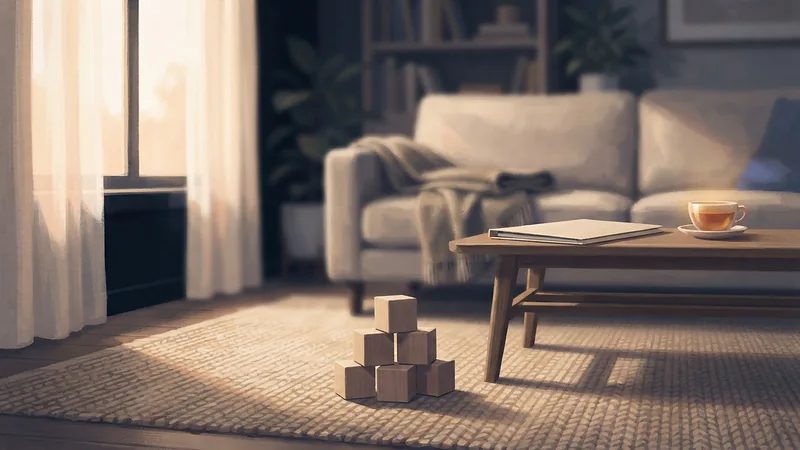 Illustration: plain wooden toy blocks stacked on a rug beside a coffee table with a closed folder and a cup of tea.