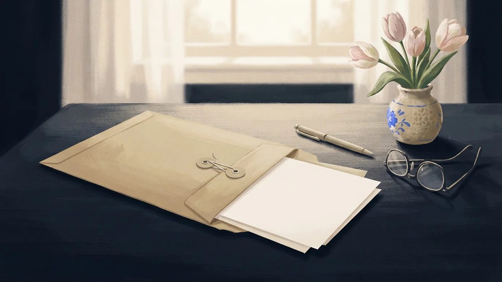 Ilustración: un sobre manila con hojas en blanco, una pluma, anteojos y un florero con tulipanes sobre una mesa de comedor.