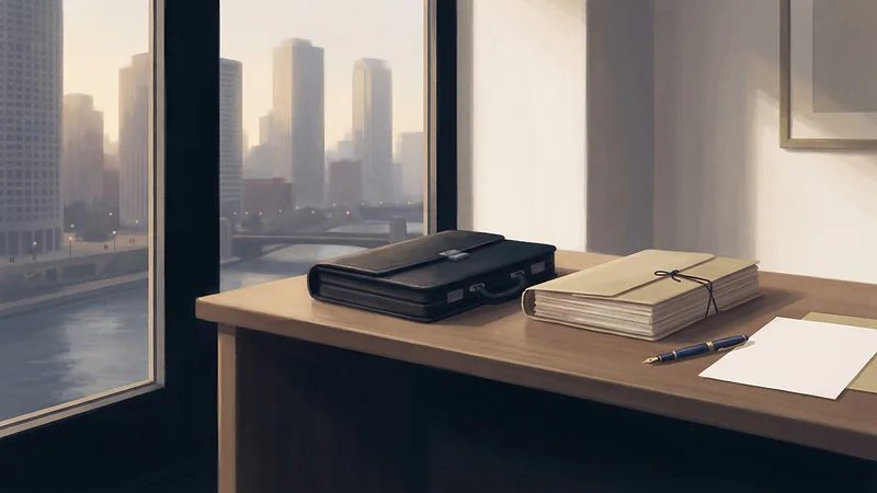 Ilustración: un maletín de cuero, un expediente atado y una pluma en un escritorio con vista al río Chicago al atardecer.