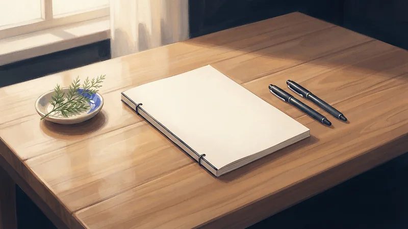 Ilustración: un documento encuadernado de portada lisa y dos plumas iguales lado a lado en una mesa pulida con luz de tarde.