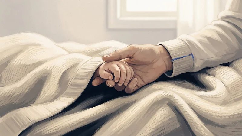 Ilustración: la mano de un adulto sostiene la mano diminuta de un bebé sobre una manta tejida, con luz suave de ventana.