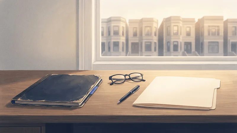 Illustration: a worn older folder beside a new blank folder, with reading glasses and a pen, on a desk by a window.