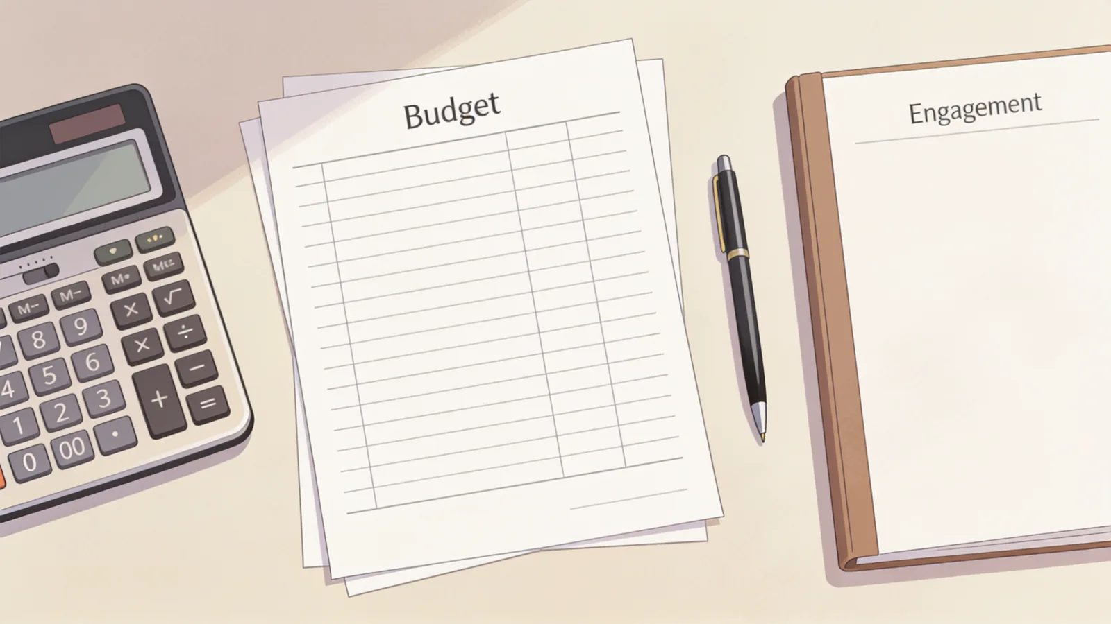 Illustration of a calculator, budget sheet and engagement folder