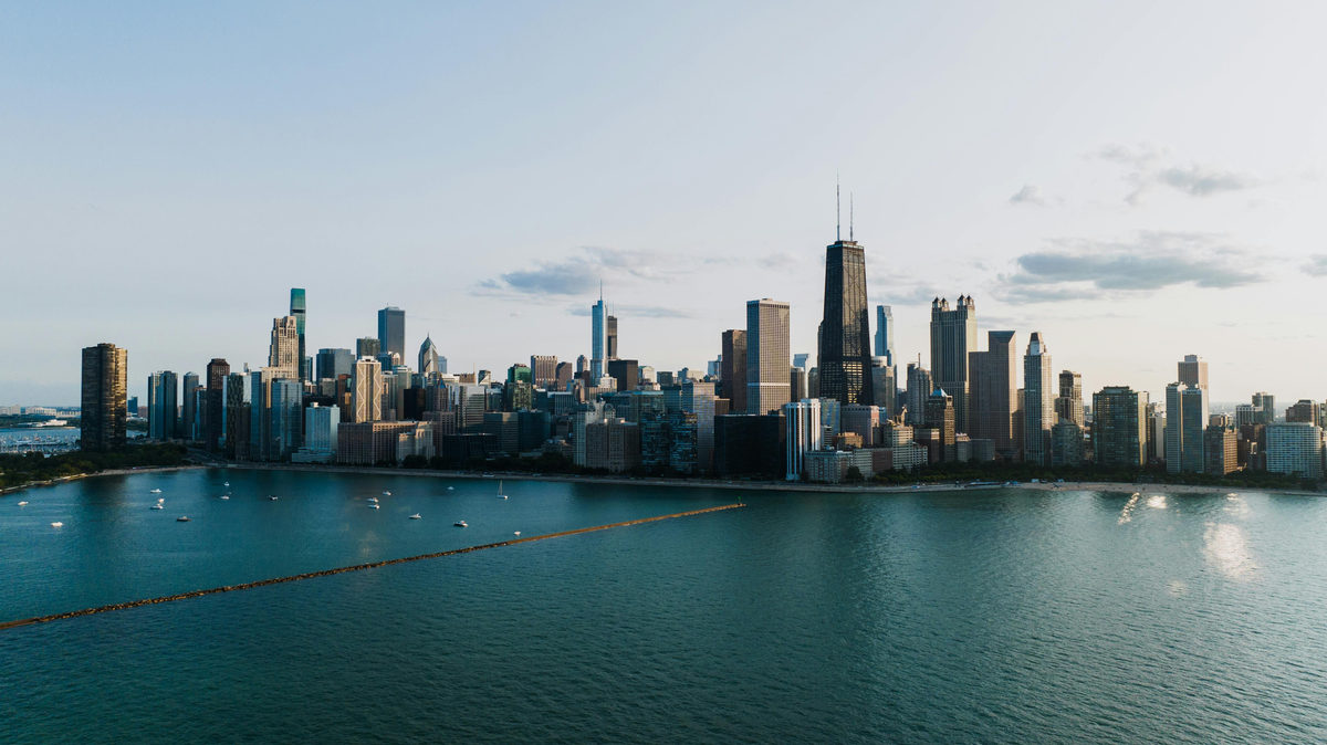 Downtown Chicago skyline across the water of Lake Michigan