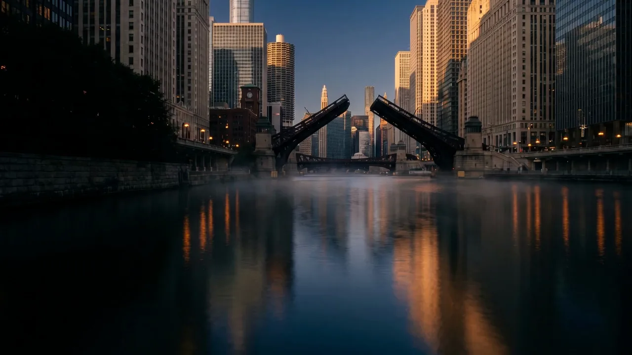 Silent illustrative film of the Chicago River at dusk, then a parent and children on the lakefront.
